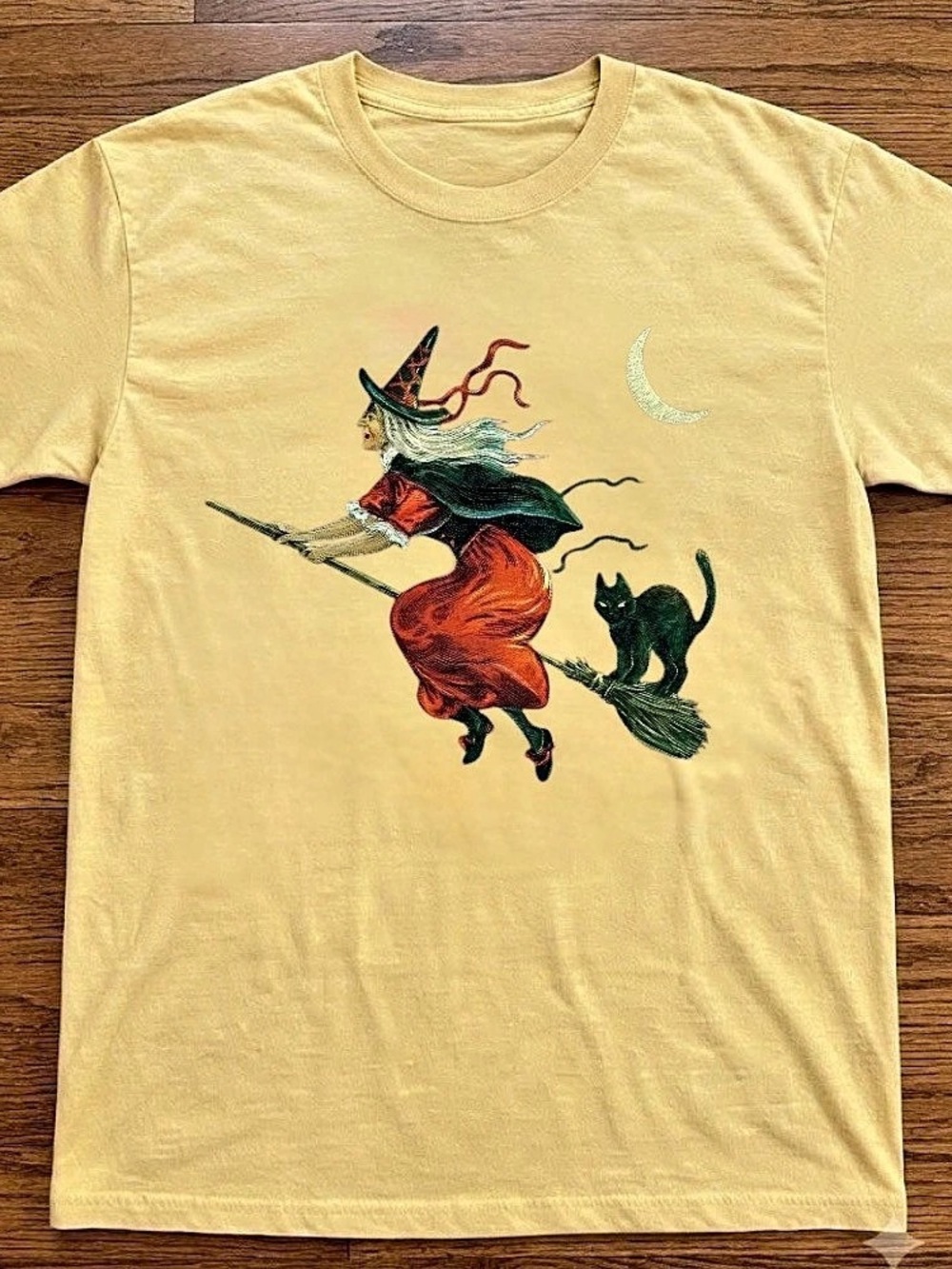 Witch Flying Broomstick Cat Moon Vintage Yellow T-Shirt see